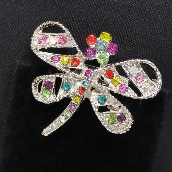 Dragonfly & Flower Brooch, Multicolored Rhinestones, Silver Tone, 1 3/4 Inches - Picture 1 of 9